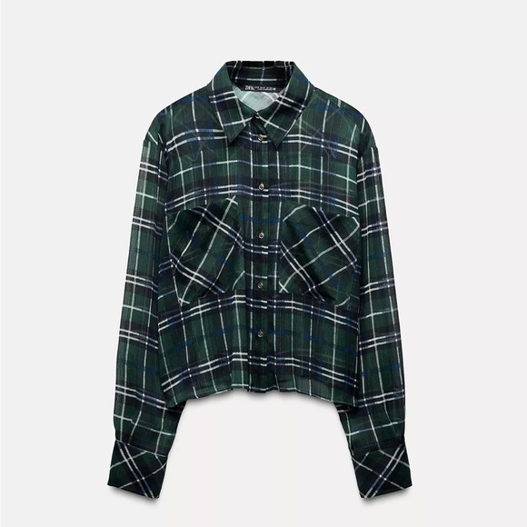 New Zara Sheer Metallic Threaded Green Plaid Cropped Blouse - Size L - Picture 6 of 15